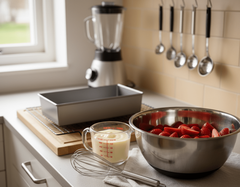 A well-organized kitchen countertop featuring essential baking tools for making a strawberry cake. In the foreground, showcase a pristine mixing bowl filled with fresh strawberries, a whisk, and a measuring cup with vanilla pudding mix. In the middle, display a pristine rectangular cake pan and a cooling rack, ready for the cake layers. The background should subtly feature a kitchen blender and a set of measuring spoons against a softly blurred kitchen wall, creating a warm, inviting atmosphere. Natural light streams in from a nearby window, casting gentle highlights on the surfaces. Capture the scene with a shallow depth of field to focus on the baking equipment, emphasizing a cozy, culinary ambiance.