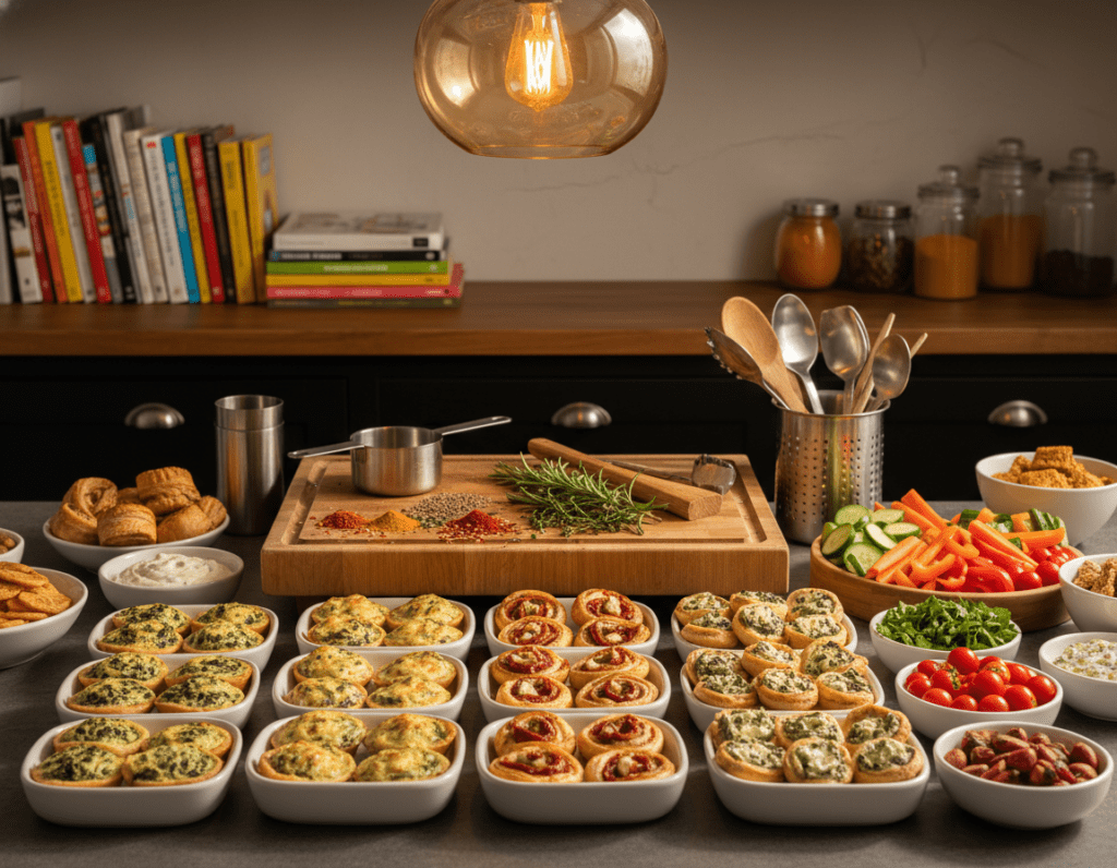 A well-organized kitchen countertop filled with various party preparation essentials, showcasing an array of colorful ingredients and dishes ready for an oven party. In the foreground, highlight neatly arranged bowls of pre-prepped snacks like mini quiches, stuffed pastries, and vibrant vegetable platters. The middle ground features utensils, measuring cups, and a cutting board with fresh herbs and spices scattered artistically. A stylish light fixture above casts a warm glow, enhancing the inviting atmosphere. In the background, soft-focus shelves display cookbooks and jars of spices, creating a cozy, homey feel. The overall mood should evoke excitement and anticipation for the gathering, emphasizing the benefits of preparing in advance.