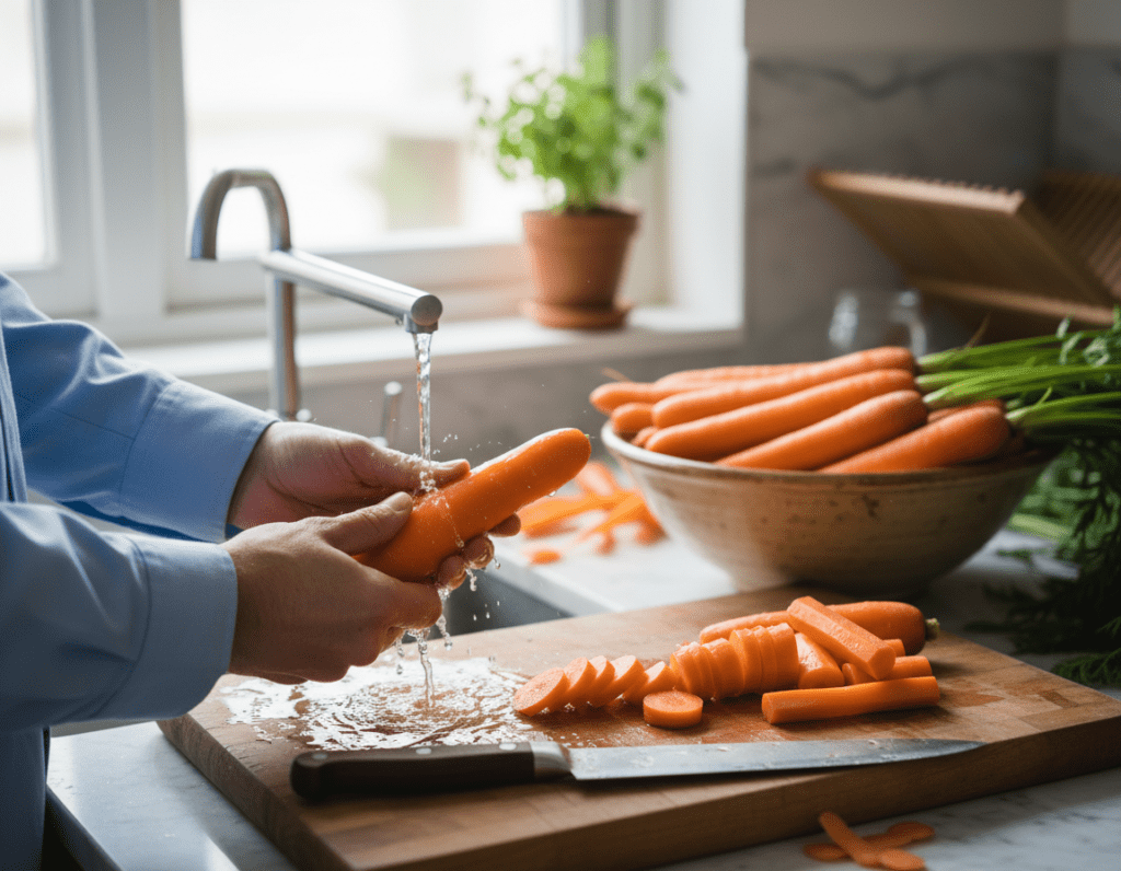 A well-organized kitchen countertop scene featuring fresh, vibrant orange carrots being washed and cut. In the foreground, a pair of hands in modest, professional attire are holding a carrot under running water, with droplets glistening in the light. Next to it, a wooden cutting board displays neatly sliced carrot rounds, showcasing the texture and color. In the middle background, a sharp chef's knife rests against the cutting board, while a rustic bowl holds whole carrots. Soft, natural light filters in from a nearby window, illuminating the scene and creating a warm, inviting atmosphere. The overall mood is one of preparation and care, perfect for illustrating the essential steps of handling carrots.
