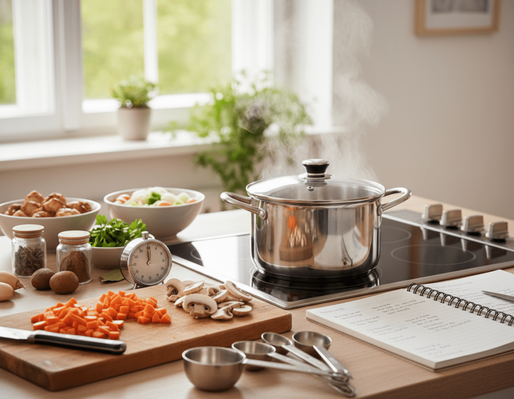 A well-organized kitchen countertop set for preparing "Frikassee," featuring all necessary ingredients like tender chicken pieces, fresh vegetables, spices, and a steaming pot. In the foreground, a wooden chopping board displays diced carrots and mushrooms, alongside measuring cups for precise ingredient planning. The middle ground showcases the stove with the pot simmering, releasing gentle steam, while a timer and a culinary notebook emphasize the planning aspect. The background is softly illuminated by warm, natural light streaming through a window, hinting at an inviting atmosphere. The scene conveys a sense of calm efficiency, ideal for showcasing time management in meal preparation. Capture this scene from a slightly elevated angle to include all elements harmoniously.