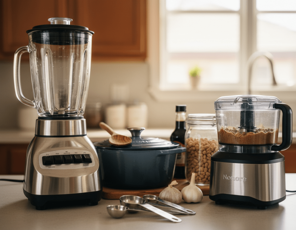 A well-organized kitchen countertop showcasing essential kitchen devices for making peanut sauce. In the foreground, include a high-quality blender, a set of measuring spoons, and a small food processor, all gleaming under soft, warm lighting that enhances their metallic and glass surfaces. In the middle background, display a stylish cooking pot and a wooden spoon, complemented by jars of peanuts, soy sauce, and garlic. The backdrop features a cozy kitchen setting with warm wood cabinets and subtle, natural light filtering through a window, creating a welcoming atmosphere. The focus is on functionality and a homey vibe, emphasizing an inviting culinary space for preparing peanut sauce. Use a shallow depth of field to blur the background slightly, drawing attention to the arranged kitchen devices.