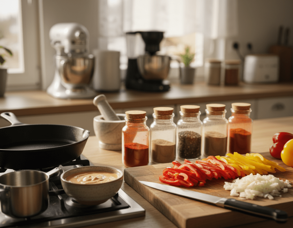 A well-organized kitchen countertop showcasing essential utensils for preparing Paprika-Rahm Geschnetzeltes. In the foreground, a sharp chef's knife rests beside a wooden cutting board with sliced bell peppers and onion. A frying pan sits on a stovetop, complemented by a measuring cup and a small bowl filled with creamy sauce. In the middle, a vibrant array of spices, including paprika and pepper, arranged neatly in glass containers with lids. The background reveals softly blurred kitchen appliances and light streaming in from a window, casting a warm and inviting glow. The overall atmosphere should be cozy and homey, with an emphasis on preparation and culinary creativity. Use natural lighting to enhance the textures and colors of the utensils and ingredients.