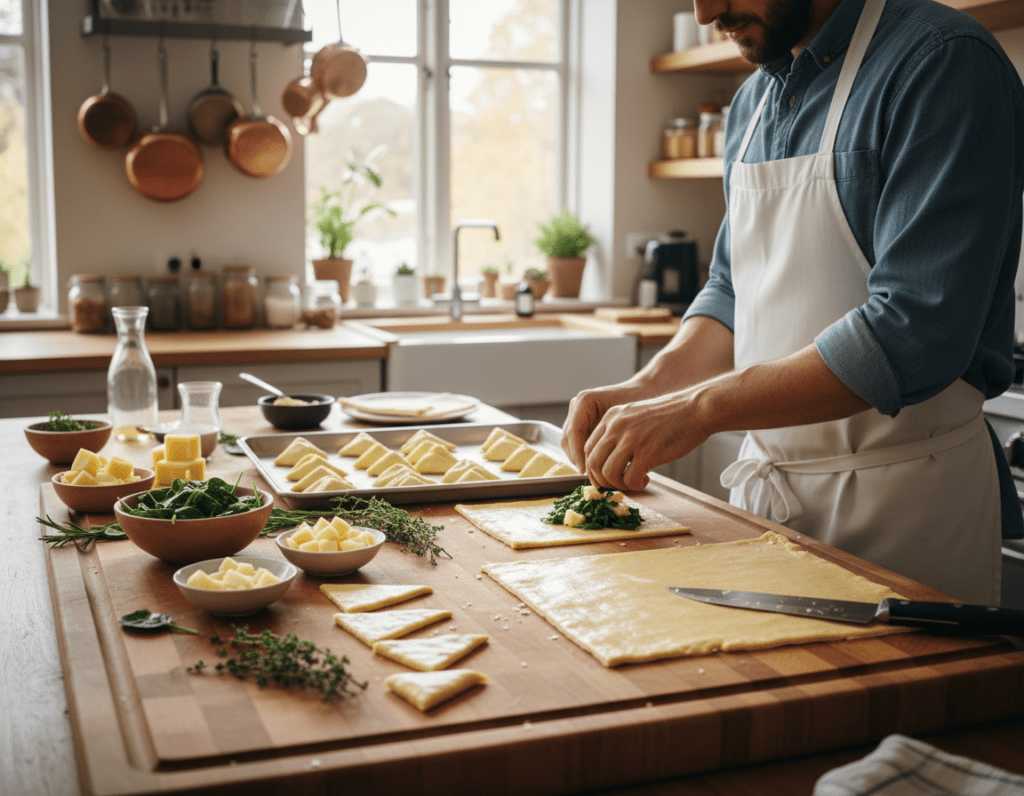 A well-organized kitchen countertop showcasing the preparation of savory puff pastry finger foods. In the foreground, a wooden cutting board is adorned with neatly arranged rolled-out sheets of golden-brown puff pastry, partially cut into bite-sized triangles. Fresh ingredients such as chopped spinach, diced cheese, and herbs are scattered around, highlighting the quick preparation process. In the middle ground, a chef, dressed in a smart white apron over casual attire, skillfully fills the pastries while a tray filled with uncooked finger foods glistens behind them. The background features a warmly lit kitchen with soft, natural lighting illuminating the scene, creating a cozy and inviting atmosphere, emphasizing efficiency and culinary creativity.