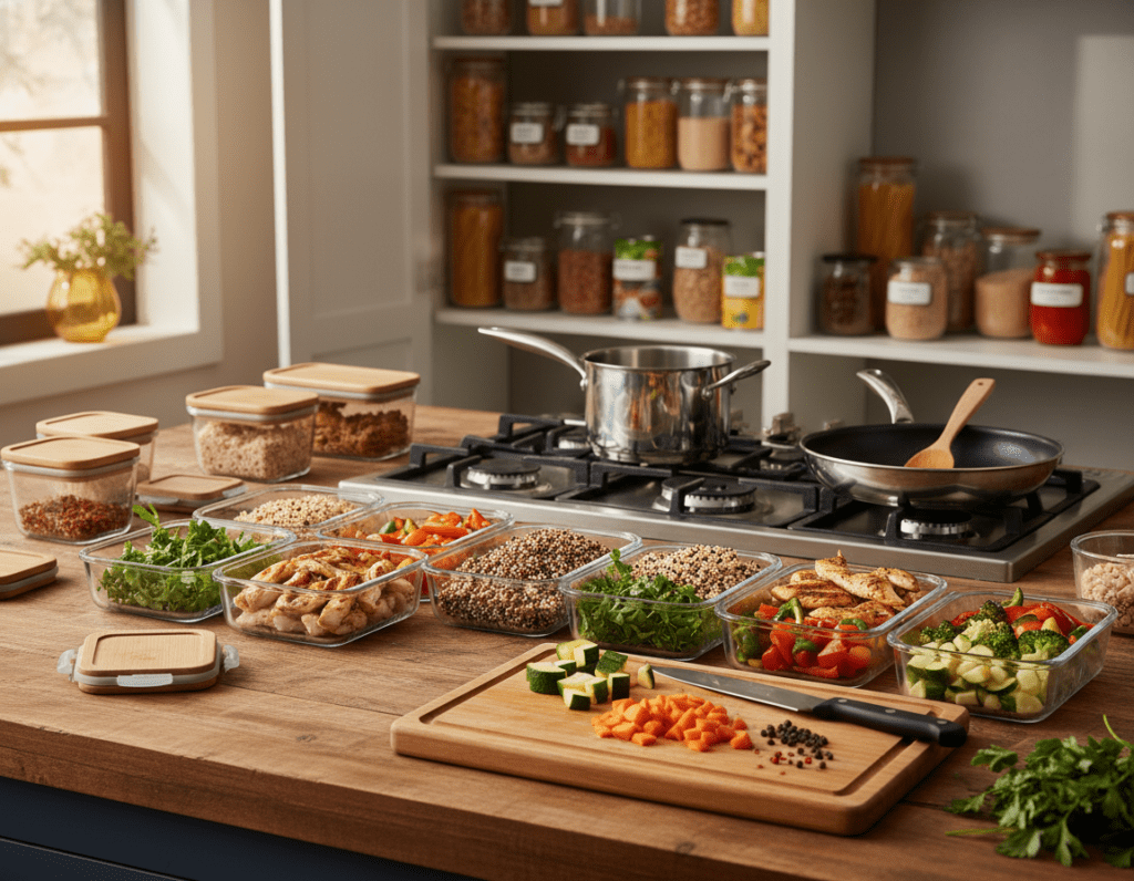 A well-organized kitchen scene focused on meal prep, featuring a wooden countertop adorned with colorful, neatly packed meal containers filled with healthy ingredients like grilled chicken, quinoa, roasted vegetables, and fresh herbs. In the foreground, a cutting board showcases chopped veggies and spices. The middle layer includes a bright, inviting kitchen space with pots and pans arranged for efficient cooking. The background subtly reveals a pantry stocked with jars of grains and canned goods, emphasizing the theme of food storage. Soft, natural lighting from a nearby window creates a warm, homey atmosphere, while a shallow depth of field highlights the meal prep focus. The image conveys a sense of practicality and readiness for quick and easy meals.