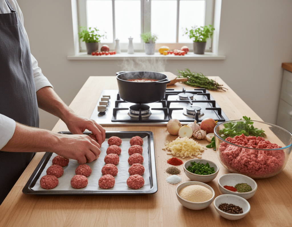 A well-organized kitchen scene showcasing meal prep for Hackbällchen, highlighting an array of fresh ingredients like minced meat in a bowl, breadcrumbs, herbs, and seasonings on a wooden countertop. In the foreground, a pair of hands skillfully rolling Hackbällchen into uniform shapes, with a portion of them neatly arranged on a baking sheet. In the middle ground, a pot of simmering tomato sauce on the stove, steam rising gently. In the background, ingredients like chopped onions, garlic, and vibrant green herbs adorn the kitchen space, enhancing the preparation atmosphere. Soft, natural lighting filters in through a window, casting gentle shadows, creating a warm and inviting mood that signifies efficiency and home-cooked goodness. The camera angle is slightly elevated, providing a clear view of the preparation process while emphasizing the abundance of ingredients. A well-organized kitchen scene showcasing meal prep for Hackbällchen, highlighting an array of fresh ingredients like minced meat in a bowl, breadcrumbs, herbs, and seasonings on a wooden countertop. In the foreground, a pair of hands skillfully rolling Hackbällchen into uniform shapes, with a portion of them neatly arranged on a baking sheet. In the middle ground, a pot of simmering tomato sauce on the stove, steam rising gently. In the background, ingredients like chopped onions, garlic, and vibrant green herbs adorn the kitchen space, enhancing the preparation atmosphere. Soft, natural lighting filters in through a window, casting gentle shadows, creating a warm and inviting mood that signifies efficiency and home-cooked goodness. The camera angle is slightly elevated, providing a clear view of the preparation process while emphasizing the abundance of ingredients.