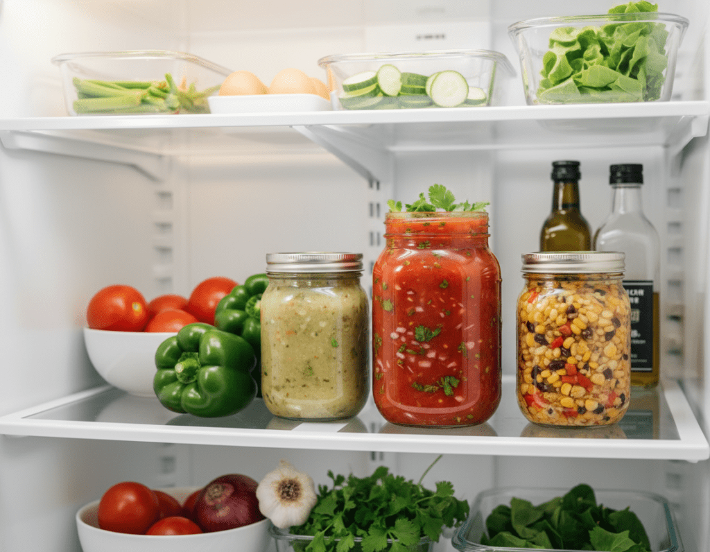 A well-organized refrigerator interior showcasing vibrant jars of homemade salsa stored on a clean, white shelf. In the foreground, highlight a colorful jar filled with fresh tomato salsa, garnished with cilantro, next to additional jars containing varying types of salsa such as green tomatillo and corn salsa. The middle section features a mix of fresh vegetables and herbs like peppers, onions, and garlic, illustrating the ingredients used in salsa preparation. The background shows a neatly arranged shelf with other healthy food items, all illuminated by soft, natural light coming from an open refrigerator door. The atmosphere is inviting and fresh, evoking a sense of home cooking and refrigeration safety.