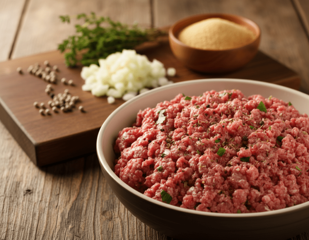 A well-prepared bowl of ground meat mixture for Königsberger Klopse sits prominently in the foreground, showcasing a blend of finely minced beef and pork, seasoned with fresh herbs like parsley and spices. The mixture has a rich, glossy appearance, hinting at the flavors within. In the middle ground, there are fresh ingredients scattered: whole white peppercorns, a sprig of thyme, chopped onions, and a bowl of breadcrumbs, creating a sense of preparation. The background features a rustic wooden kitchen table, emphasizing a homely cooking atmosphere with soft, warm kitchen lighting that casts gentle shadows, highlighting the textures and colors of the ingredients. The scene conveys a cozy, inviting mood, perfect for home cooking. No text overlays are present, focusing purely on the culinary artistry.