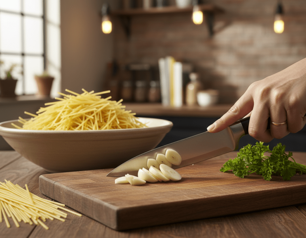 A wooden cutting board in the foreground features several cloves of fresh garlic being sliced neatly with a sharp chef's knife. The garlic cloves are glistening with moisture, emphasizing their freshness. In the middle ground, there is a bowl overflowing with uncooked spaghetti, and sprigs of parsley nearby add a splash of green. The background showcases a softly blurred kitchen setting with warm, inviting lighting, hinting at a cozy cooking atmosphere. The overall mood is vibrant and appetizing, focusing on the meticulous preparation of garlic, a key ingredient. The scene is captured with a slight overhead angle, highlighting the chef's careful technique in slicing the aromatic garlic for a delicious Spaghetti Aglio e Olio dish.