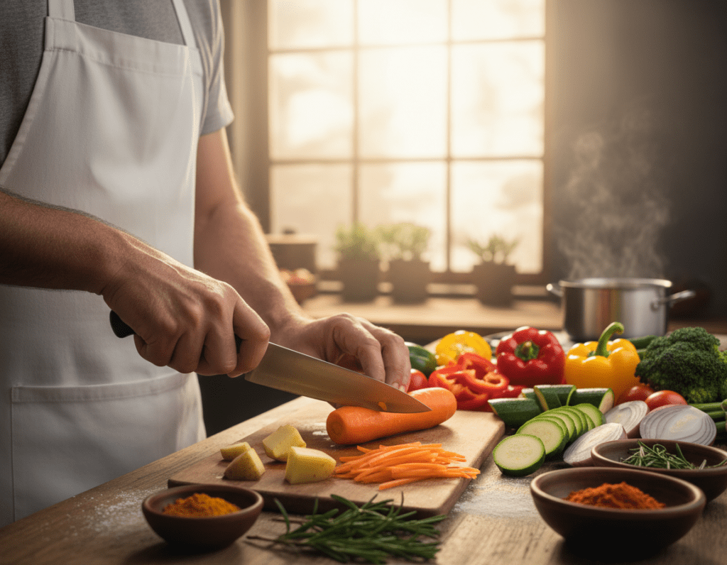 A wooden kitchen countertop filled with various fresh vegetables and potatoes ready for preparation. In the foreground, a skilled chef in a white apron and modest casual clothing demonstrates precise slicing techniques with a sharp knife on a carrot and a potato. The middle layer shows an array of colorful vegetables, including bell peppers, zucchini, and onions, neatly chopped and arranged. In the background, soft natural light streams in from a window, creating a warm and inviting atmosphere. Include a hint of herbs and spices in small bowls placed around, enhancing the culinary vibe. The overall mood is focused and productive, perfect for a cooking preparation scene, with a shallow depth of field emphasizing the chef's skillful hands and ingredient textures. A wooden kitchen countertop filled with various fresh vegetables and potatoes ready for preparation. In the foreground, a skilled chef in a white apron and modest casual clothing demonstrates precise slicing techniques with a sharp knife on a carrot and a potato. The middle layer shows an array of colorful vegetables, including bell peppers, zucchini, and onions, neatly chopped and arranged. In the background, soft natural light streams in from a window, creating a warm and inviting atmosphere. Include a hint of herbs and spices in small bowls placed around, enhancing the culinary vibe. The overall mood is focused and productive, perfect for a cooking preparation scene, with a shallow depth of field emphasizing the chef's skillful hands and ingredient textures.