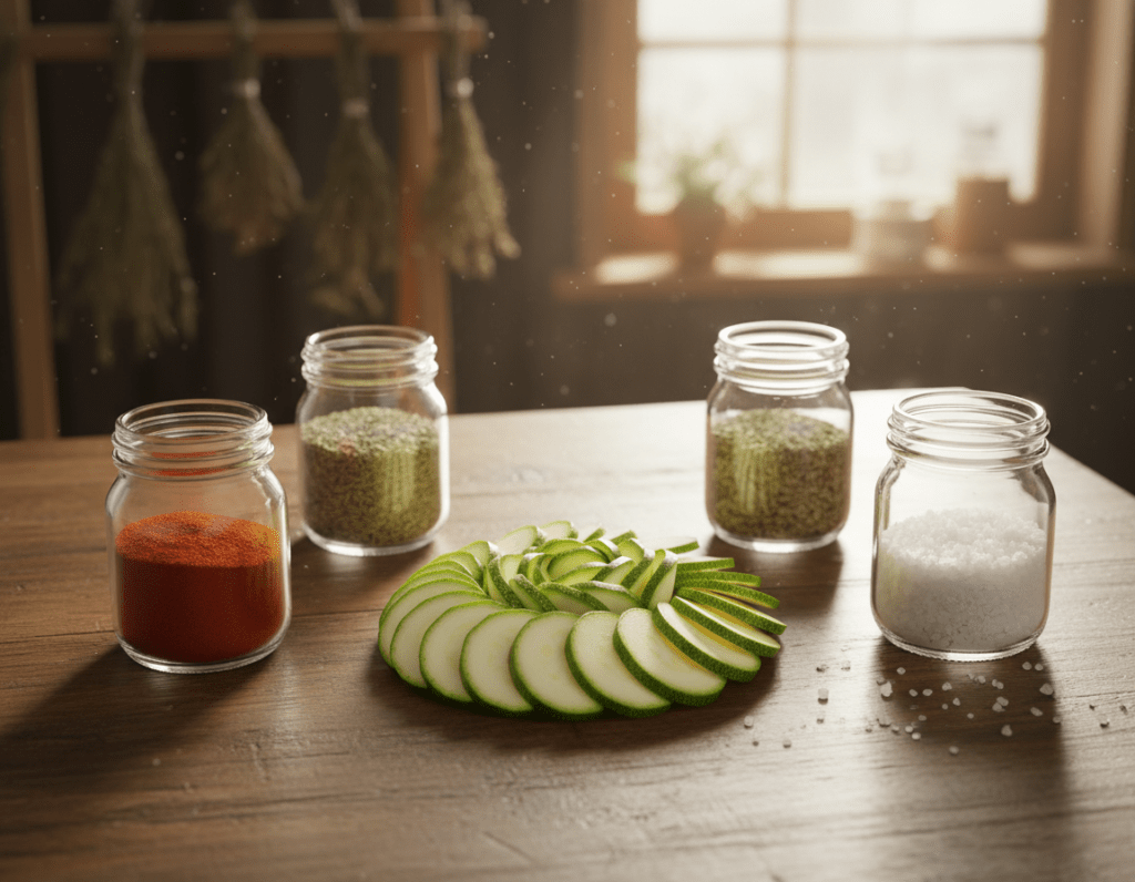 A wooden kitchen table adorned with fresh zucchini, sliced into vibrant rounds and arranged in an artistic spiral. Surrounding the zucchini are an array of colorful spices in small, clear glass containers—paprika, oregano, garlic powder, and sea salt—adding a vibrant touch to the scene. The background features a softly lit kitchen environment, with herbs hanging in the distance and a hint of sunlight filtering through a window, creating a warm and inviting atmosphere. The camera angle is slightly above the table, giving a clear view of the tantalizing spices and the fresh zucchini, showcasing their textures. The mood is creative and culinary, emphasizing the idea of innovative and quick zucchini dishes.