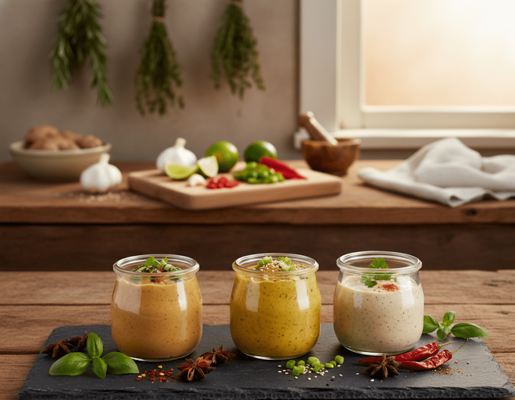 An aesthetically arranged kitchen scene showcasing a variety of vegan peanut sauce alternatives. In the foreground, there are several small glass jars filled with colorful sauces, featuring ingredients like almond butter, sunflower seed butter, and tahini, with vibrant herbs and spices scattered around them. In the middle ground, a wooden cutting board displays fresh garlic cloves, lime wedges, and chopped chilies, enhancing the natural feel. The background shows soft-focus elements of a cozy kitchen, including hanging herbs and a well-used countertop. The lighting is warm and inviting, suggesting a late afternoon ambiance, with a slight overhead glow catching the jars and ingredients. The overall mood is vibrant, healthy, and creative, ideal for inspiring a homemade vegan cooking adventure.