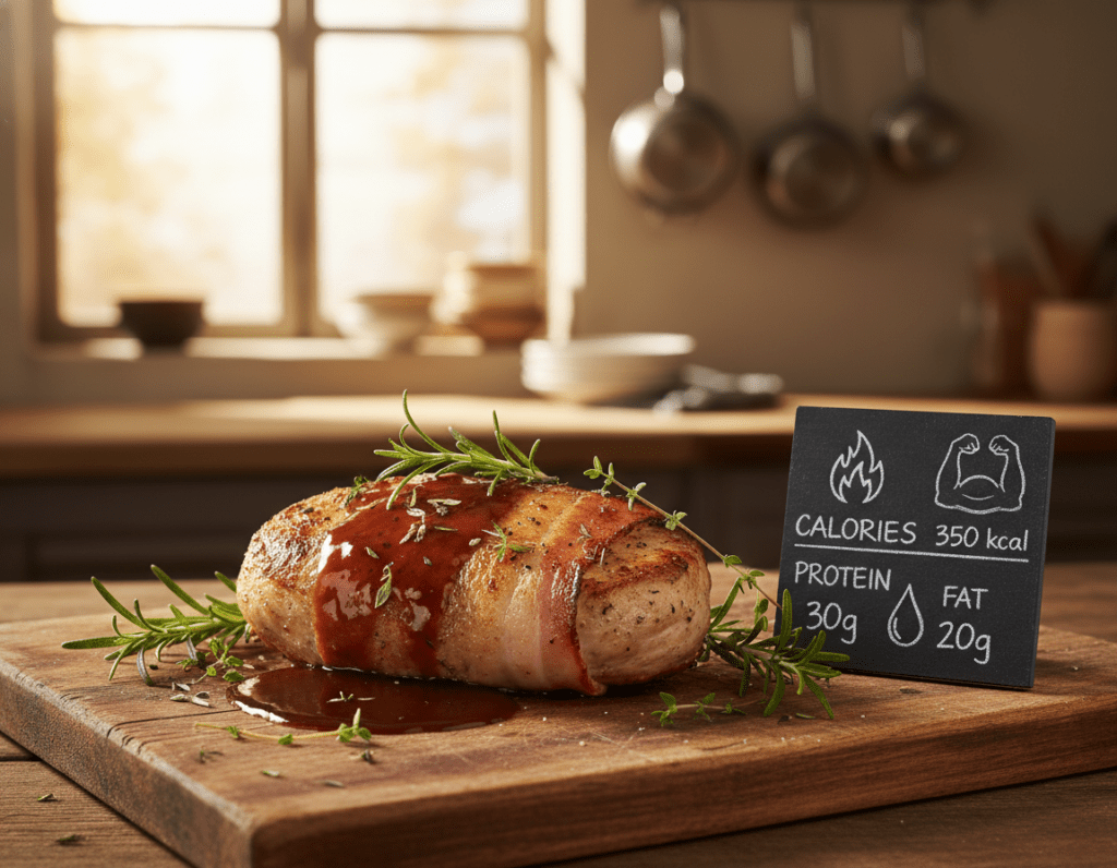 An aesthetically pleasing display of Schweinefilet wrapped in crispy bacon, served on a rustic wooden board. The foreground features the succulent pork fillet, glistening with a rich, homemade gravy, garnished with fresh herbs like rosemary and thyme. In the middle ground, a small plate showcases Nährwerte, including visual representations of calories, protein, and fat content, artistically arranged with infographics on a chalkboard. The background is softly blurred, with a warm, inviting kitchen ambiance bathed in natural light streaming through a window, creating a cozy and appetizing atmosphere. The lens captures the scene from a slightly elevated angle, emphasizing the textures and colors of the dish while ensuring a clean and professional composition without any text or distractions. An aesthetically pleasing display of Schweinefilet wrapped in crispy bacon, served on a rustic wooden board. The foreground features the succulent pork fillet, glistening with a rich, homemade gravy, garnished with fresh herbs like rosemary and thyme. In the middle ground, a small plate showcases Nährwerte, including visual representations of calories, protein, and fat content, artistically arranged with infographics on a chalkboard. The background is softly blurred, with a warm, inviting kitchen ambiance bathed in natural light streaming through a window, creating a cozy and appetizing atmosphere. The lens captures the scene from a slightly elevated angle, emphasizing the textures and colors of the dish while ensuring a clean and professional composition without any text or distractions.