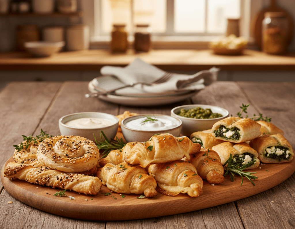 An elegant display of assorted puff pastry finger foods, beautifully arranged on a wooden serving board. In the foreground, there are golden-brown mini croissants filled with cheese and herbs, crispy pastry twists with a sprinkle of sesame seeds, and savory puff pastry bites stuffed with spinach and feta. Surrounding the main dishes, small bowls filled with vibrant dips such as creamy garlic sauce, tangy yogurt dip, and zesty salsa verde add color. The middle ground features a charming rustic table setting with a few sprigs of fresh herbs, while the background softly fades with an inviting warm ambiance and subtle kitchen details. The lighting is soft and inviting, reminiscent of a cozy gathering, with a shallow depth of field that draws focus to the finger foods. The overall mood is festive and delightful.