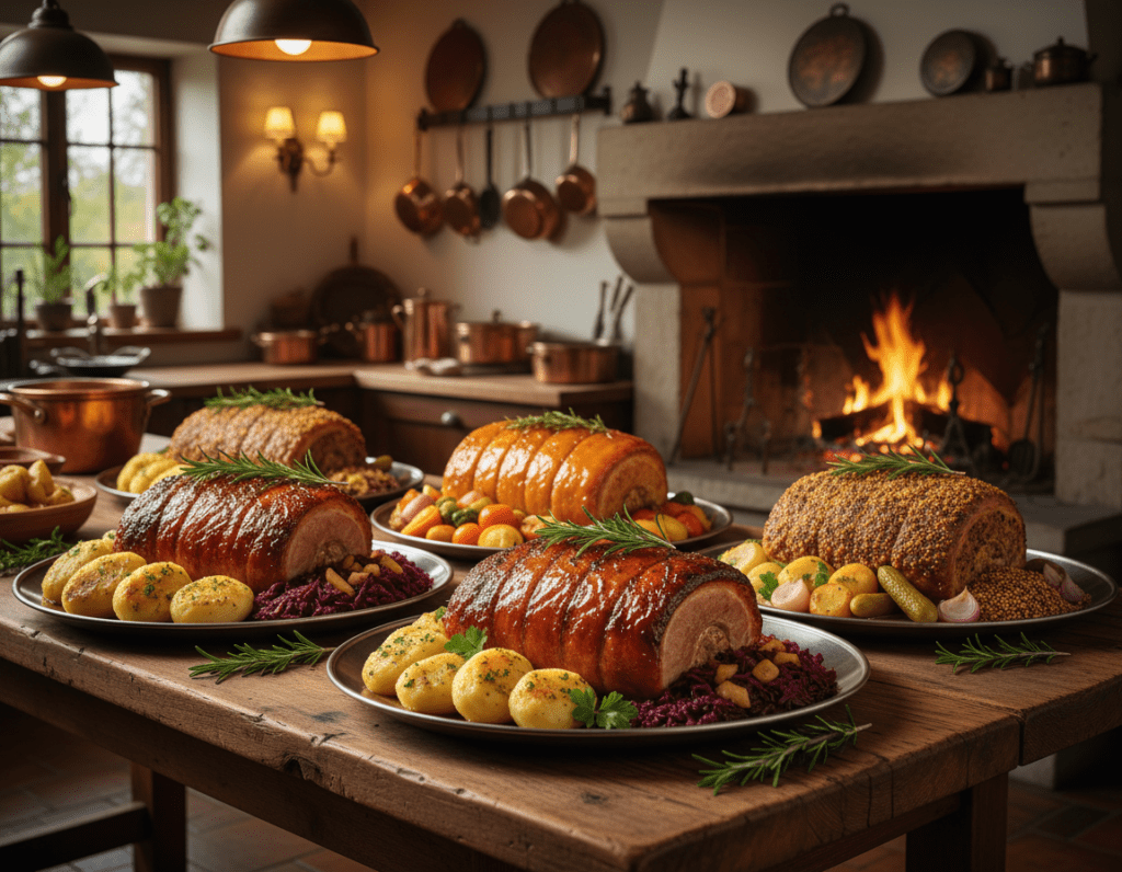 An elegant display of various Salzbraten dish variations elegantly arranged on a rustic wooden table. In the foreground, a beautifully glazed Salzbraten with rich brown hues, garnished with fresh herbs and served alongside traditional accompaniments like soft dumplings and vibrant red cabbage. In the middle ground, other variants showcase seasonal ingredients, such as a honey-glazed version with roasted root vegetables and a spicy mustard crusted option. The background features a warm, inviting kitchen with softly glowing ambient lighting, highlighting copper pots and antique cooking utensils, evoking a cozy, celebratory atmosphere. The scene is captured from a slightly elevated angle, providing a full view of the dishes, enhancing the inviting feel and showcasing the culinary art of Salzbraten preparation.