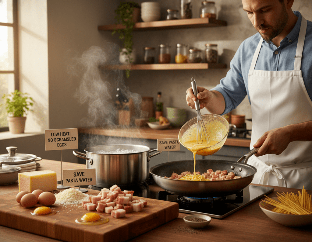 An elegant kitchen scene showing the preparation of Carbonara, focusing on common cooking mistakes to avoid. In the foreground, a wooden cutting board displaying ingredients: fresh eggs, grated Parmigiano cheese, and guanciale. A pot of boiling pasta is visible in the middle, with steam rising gently, while a chef, dressed in a neat white apron and modest casual wear, observes diligently, ensuring not to scramble the eggs. The background features shelves with cooking utensils and herbs, soft natural light streaming in from a nearby window, creating a warm, inviting atmosphere. The scene emphasizes attention to detail and careful preparation, illustrating the importance of technique in making perfect Carbonara. The overall mood is educational and inspiring, promoting culinary success.