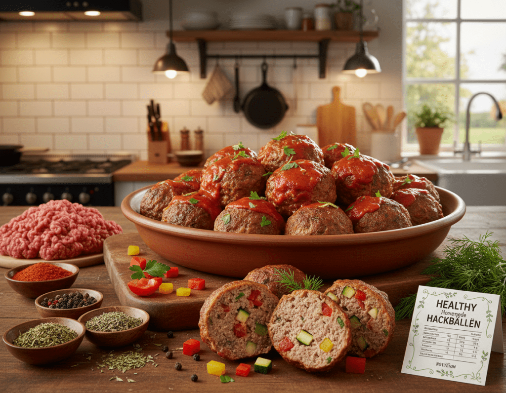 An inviting kitchen setting showcasing a platter of delicious homemade hackbällchen (meatballs) garnished with fresh herbs, glistening in rich tomato sauce. In the foreground, a close-up of the succulent meatballs reveals their hearty texture, surrounded by colorful diced vegetables like bell peppers and zucchini, emphasizing a healthy meal. The middle ground features a wooden cutting board with fresh ingredients – minced meat, spices, and nutritional information laid out artistically. In the background, a well-lit kitchen space with rustic decor, soft ambient lighting creates a warm, inviting atmosphere. The shot is captured from a slightly elevated angle to highlight the dish while maintaining a cozy, home-cooked vibe. The overall mood conveys health-consciousness and culinary delight without any distractions. An inviting kitchen setting showcasing a platter of delicious homemade hackbällchen (meatballs) garnished with fresh herbs, glistening in rich tomato sauce. In the foreground, a close-up of the succulent meatballs reveals their hearty texture, surrounded by colorful diced vegetables like bell peppers and zucchini, emphasizing a healthy meal. The middle ground features a wooden cutting board with fresh ingredients – minced meat, spices, and nutritional information laid out artistically. In the background, a well-lit kitchen space with rustic decor, soft ambient lighting creates a warm, inviting atmosphere. The shot is captured from a slightly elevated angle to highlight the dish while maintaining a cozy, home-cooked vibe. The overall mood conveys health-consciousness and culinary delight without any distractions.