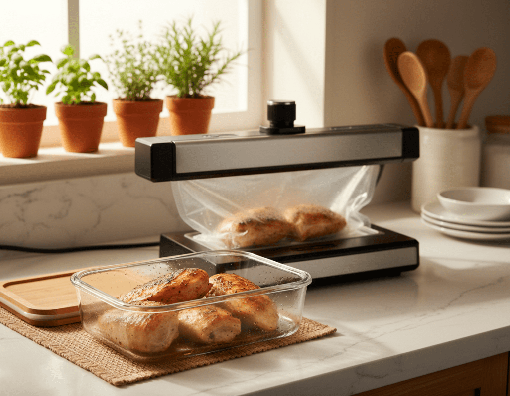 An organized kitchen countertop showcasing properly stored baked chicken breasts in glass containers and vacuum-sealed bags. In the foreground, focus on a neatly arranged glass container with succulent, golden-brown chicken breasts, highlighting their juicy texture. In the middle ground, include a stylish vacuum sealer with a partially sealed bag, emphasizing food preservation techniques. In the background, soft natural light streams in through a window, illuminating a small herb garden, enhancing the freshness of the scene. The atmosphere is warm and inviting, conveying the idea of home cooking and efficient meal preparation. The composition is shot from a slightly elevated angle to capture both the containers and the kitchen setting harmoniously.