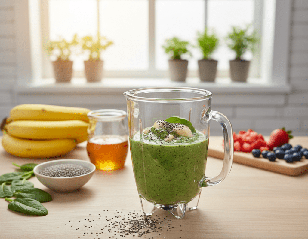 Chia smoothie preparation in a bright kitchen setting. In the foreground, a glass blending jar filled with a vibrant green smoothie made from spinach, bananas, and chia seeds, with chia seeds scattered around the base. In the middle, a neatly arranged wooden countertop displaying fresh ingredients including ripe bananas, a jar of honey, and a bowl of chia seeds. In the background, soft sunlight filters through a window, illuminating potted herbs and a small cutting board with chopped fruits. The mood is fresh and inviting, showcasing a healthy lifestyle. The scene is shot from a slightly elevated angle for a dynamic view, with soft focus on the background to bring attention to the smoothie.