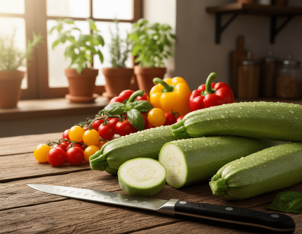 Fresh green zucchinis, glistening with dew, are artfully arranged on a rustic wooden kitchen table. In the foreground, a vibrant, sliced zucchini showcases its tender flesh, invitingly positioned beside a sharp knife. In the middle ground, an array of colorful vegetables, like ripe tomatoes and bell peppers, complement the scene, hinting at healthy recipes. Soft, natural sunlight streams through a nearby window, creating a warm and inviting atmosphere that highlights the freshness of the produce. In the background, faint outlines of herbs in pots provide a sense of a cozy kitchen environment. The overall mood is vibrant and energetic, representing health and quick preparation, ideal for delicious, speedy meals.