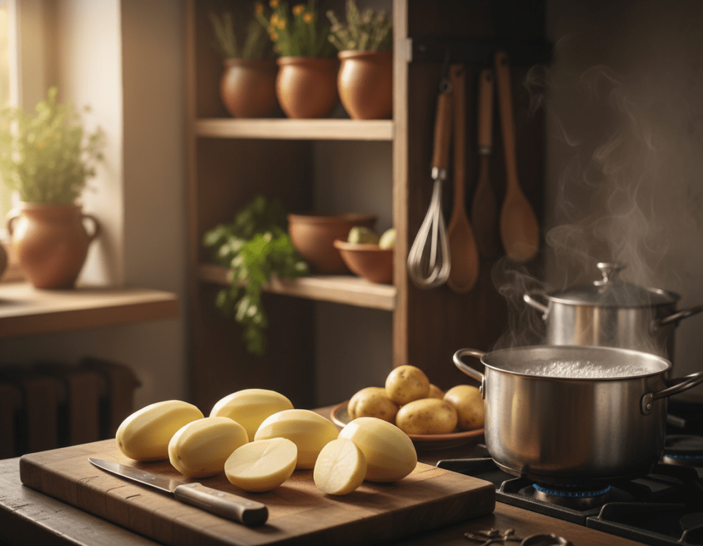 In a bright, warm kitchen setting, focus on a wooden cutting board in the foreground with several peeled potatoes, showcasing their smooth surface. Beside them, a sharp knife rests as if recently used. In the middle, display a pot of boiling water, steam gently rising, and a few unpeeled potatoes waiting to be processed. The background features a softly lit kitchen with rustic shelves, filled with herbs and cooking utensils, creating a cozy atmosphere. The lighting is natural and inviting, making the scene feel homey. Capture the mood of culinary preparation and warmth, emphasizing the colors of the potatoes and the inviting ambiance of the kitchen. Aim for a close-up perspective to highlight the textures and details of the potatoes and kitchen. In a bright, warm kitchen setting, focus on a wooden cutting board in the foreground with several peeled potatoes, showcasing their smooth surface. Beside them, a sharp knife rests as if recently used. In the middle, display a pot of boiling water, steam gently rising, and a few unpeeled potatoes waiting to be processed. The background features a softly lit kitchen with rustic shelves, filled with herbs and cooking utensils, creating a cozy atmosphere. The lighting is natural and inviting, making the scene feel homey. Capture the mood of culinary preparation and warmth, emphasizing the colors of the potatoes and the inviting ambiance of the kitchen. Aim for a close-up perspective to highlight the textures and details of the potatoes and kitchen.