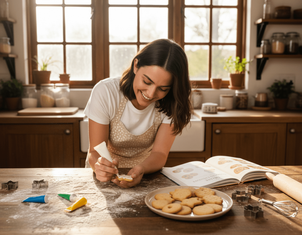 In a warm kitchen setting, a beginner baker is joyfully decorating freshly baked cookies. The foreground features a wooden countertop dusted with flour, a variety of colorful icing tubes, and a plate of beautifully shaped, golden-brown cookies. The middle ground showcases an open recipe book with simple cookie recipes visible, next to a neatly organized array of baking tools like a rolling pin and cookie cutters. In the background, soft, golden sunlight filters through a window, illuminating the cozy atmosphere. The baker, a young woman wearing a modest apron and casual attire, smiles as she carefully pipes icing onto a heart-shaped cookie. The scene exudes warmth and a sense of discovery, inviting viewers to explore the joy of baking. Natural lighting captures the textures of the cookies and the gentle ambiance of the kitchen.