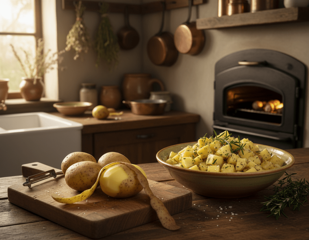 Lush kitchen scene with fresh, whole potatoes on a rustic wooden countertop. Foreground includes a large cutting board with a few potatoes being peeled, showcasing the skins being removed. In the middle, a bowl filled with diced potatoes tossed with olive oil, sea salt, and fresh herbs, reflecting preparation for baking. Background features rustic kitchen décor, including hanging herbs and a warm, inviting oven preheating, with soft sunlight filtering through a window, creating a cozy atmosphere. The overall mood is warm and inviting, emphasizing an artisanal cooking vibe. Angle captures the countertop with a focus on the textures of the potatoes, preparing for crispy oven-roasting. Lush kitchen scene with fresh, whole potatoes on a rustic wooden countertop. Foreground includes a large cutting board with a few potatoes being peeled, showcasing the skins being removed. In the middle, a bowl filled with diced potatoes tossed with olive oil, sea salt, and fresh herbs, reflecting preparation for baking. Background features rustic kitchen décor, including hanging herbs and a warm, inviting oven preheating, with soft sunlight filtering through a window, creating a cozy atmosphere. The overall mood is warm and inviting, emphasizing an artisanal cooking vibe. Angle captures the countertop with a focus on the textures of the potatoes, preparing for crispy oven-roasting.