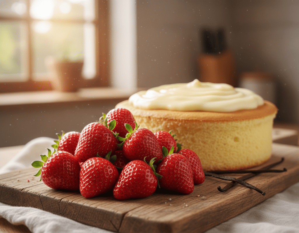 Lush, ripe strawberries piled high, showcasing their bright red color and glossy sheen, with a few green leaves still attached, creating an inviting focal point in the foreground. In the middle, a light, fluffy sponge cake sits elegantly on a rustic wooden board, partially topped with a creamy vanilla pudding, reflecting its smooth texture. The background features a soft-focus kitchen setting with warm natural light filtering through a window, enhancing the vibrant colors of the strawberries. A hint of vanilla beans and a delicate white cloth napkin can be seen, adding an air of homeliness and warmth. The overall mood is fresh, inviting, and perfect for a cozy baking session, capturing the essence of quality ingredients for a homemade strawberry cake.