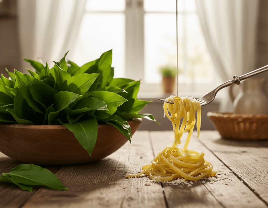 Lush, vibrant wild garlic (Bärlauch) leaves, with their deep green color and glossy texture, arranged artistically in a wooden bowl in the foreground. In the middle, a portion of freshly prepared pasta is twirled elegantly on a fork, adorned with a light drizzle of olive oil and sprinkled with freshly grated Parmesan cheese, all set atop a rustic wooden table. In the background, soft, diffused natural light filters through a nearby window, casting gentle shadows and highlighting the fresh ingredients. The atmosphere is warm and inviting, evoking a sense of home cooking and culinary creativity. Overall, the image captures the essence of freshness and the perfect pairing of Bärlauch with pasta.