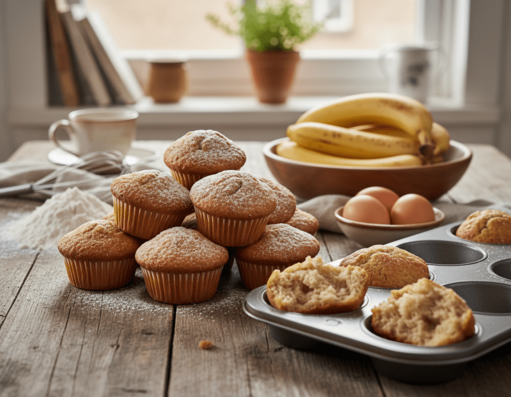 Majestic fluffy banana muffins sitting on a rustic wooden kitchen table. The muffins should be golden-brown with a light dusting of powdered sugar on top, showcasing their tempting, moist texture. In the foreground, place a charming muffin tray filled with freshly baked muffins, some partially broken open to reveal their soft, airy interior. A bowl of ripe bananas and ingredients like flour, eggs, and a whisk lie nearby, evoking a warm baking atmosphere. The middle ground features a soft-focus background of a cozy kitchen with warm, natural lighting streaming through a window, casting gentle shadows. Aim for an inviting, homely mood that emphasizes the delight of baking banana muffins.