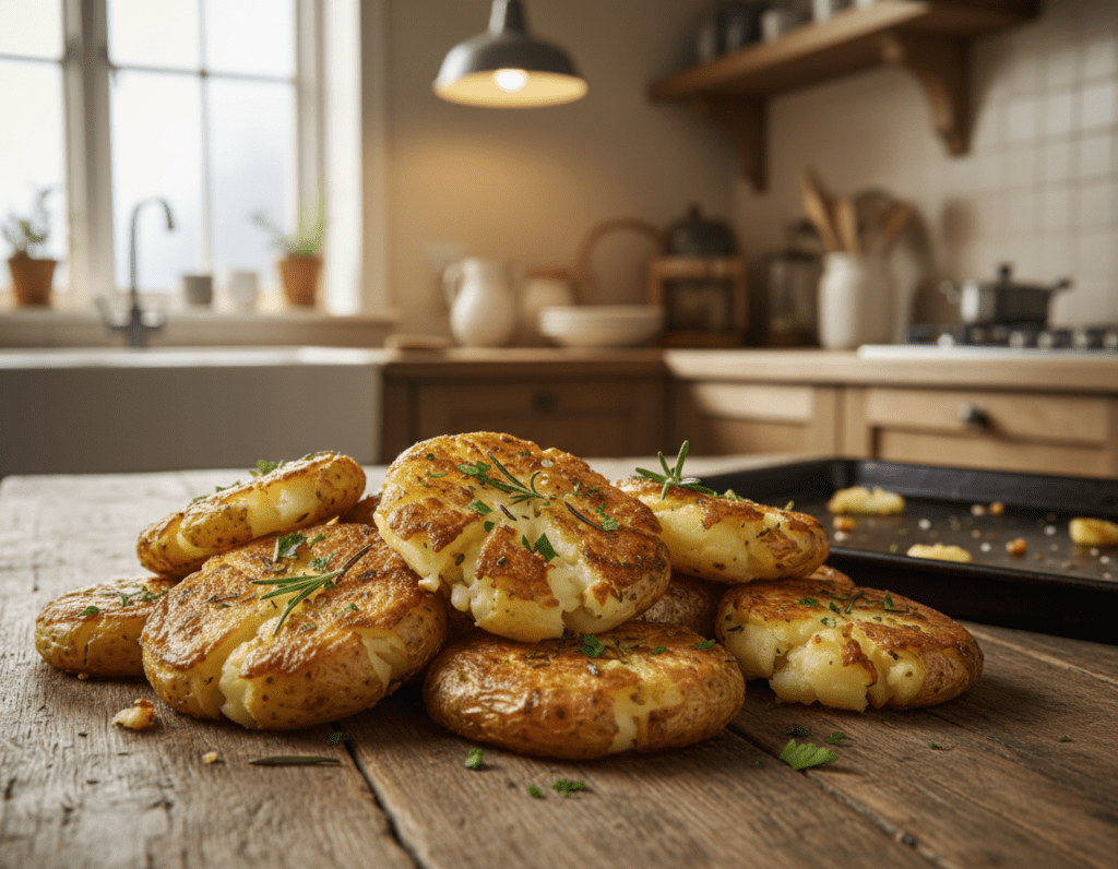 Smashed potatoes on a rustic wooden table, golden brown and crispy on the outside, with a fluffy interior peeking through the cracks. Garnished with fresh herbs like rosemary and parsley, glistening with a drizzle of olive oil. The background features a cozy kitchen setting with warm, inviting lighting, highlighting the delicious texture of the potatoes. A baking tray is partially visible, with a few potato scraps left behind. The scene is captured from a slightly elevated angle, focusing on the detailing of the smashed potatoes while keeping the kitchen ambiance soft and welcoming. The overall mood conveys a sense of comfort and warmth, perfect for demonstrating the ideal temperature and baking time for crispy results in cooking.