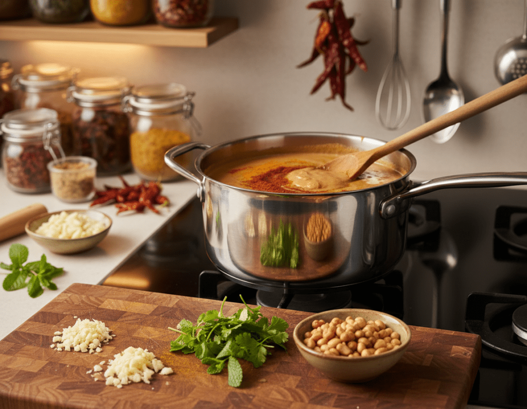 Step-by-step preparation of peanut sauce, beautifully arranged in a kitchen setting. In the foreground, a wooden cutting board displaying chopped garlic and fresh herbs, with a small bowl of freshly roasted peanuts. In the middle, a stainless steel pot on a stovetop, showcasing a creamy, smooth peanut sauce simmering, with hints of color from spices like chili powder and turmeric stirring within. In the background, warm kitchen lighting illuminates shelves filled with jars of spices and utensils, creating a cozy atmosphere. The angle captures both the pot and cutting board, inviting viewers into the process. The overall mood is vibrant and inviting, emphasizing the warmth of home cooking and the joy of creating a beloved sauce.